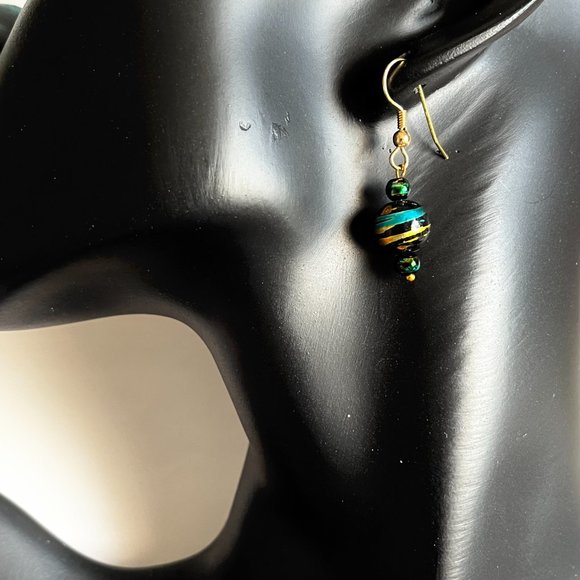 Aqua Blue Black Clear Murano Glass Earrings Bead Hand Painted Round Gold Plated - Picture 3 of 9